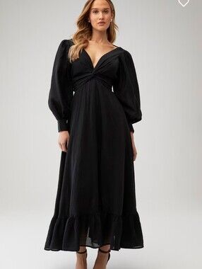 Sabina Musayev Frida Black Midi Dress V-Neck Puff Sleeve Ruffle XS Wedding Party
